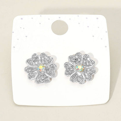 12Pairs - Rhinestone Paved Flower Stud Earrings