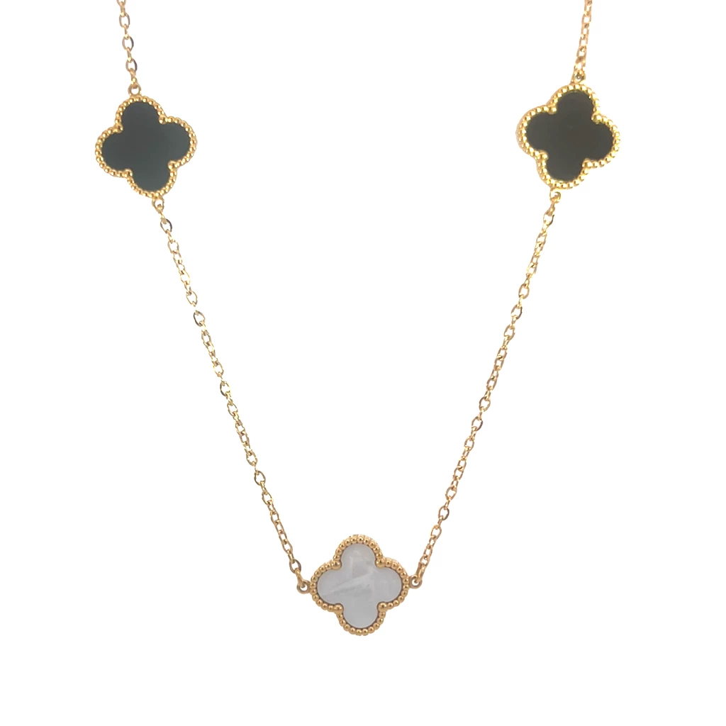 Three Black and White Four Leaf Clover Necklace,18K Gold Plt