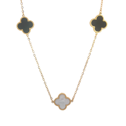 Three Black and White Four Leaf Clover Necklace,18K Gold Plt