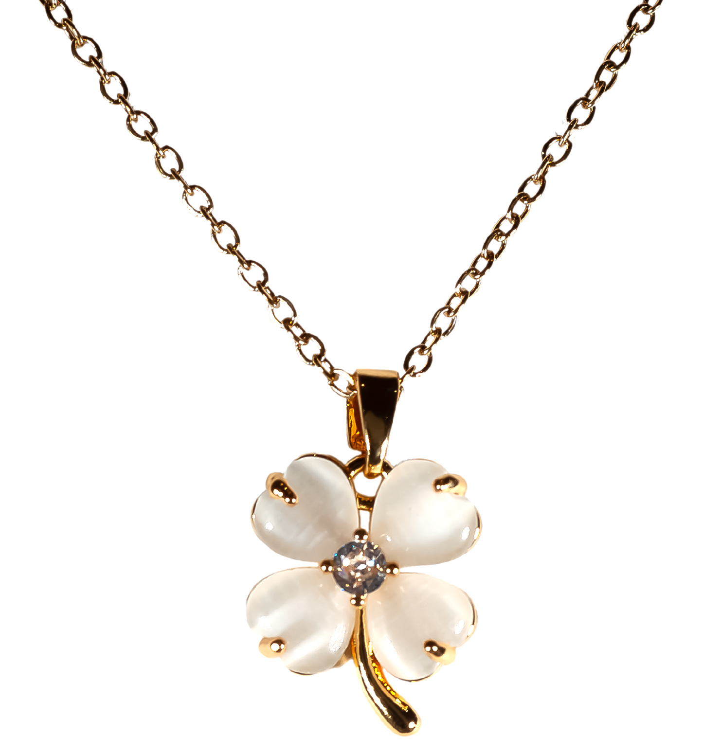 White Four Leaf Clover Pendant Necklace,  Gold Plated