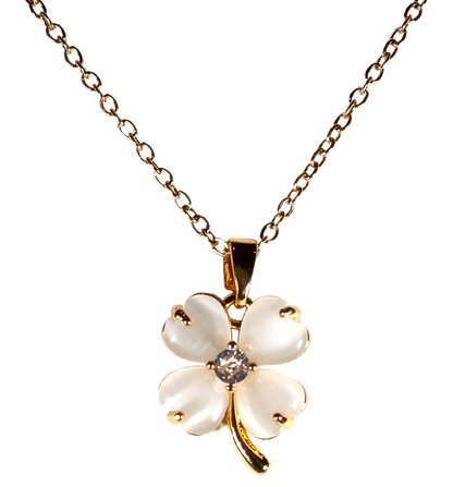 White Four Leaf Clover Pendant Necklace,  Gold Plated