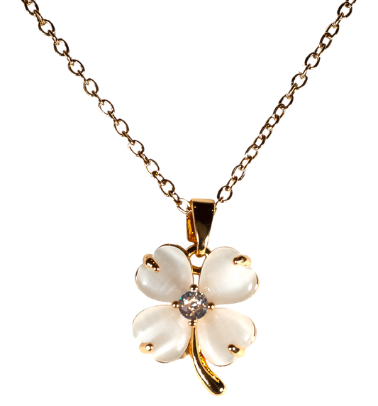 White Four Leaf Clover Pendant Necklace,  Gold Plated