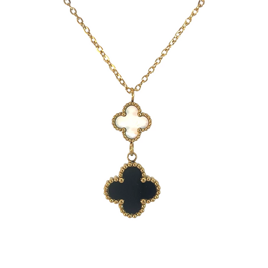 Double Drop White  and Black Four Leaf Clover Necklace