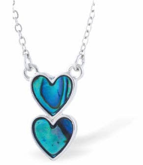 Paua Shell Double Heart Drop Necklace, Rhodium Plated