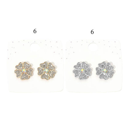 12Pairs - Rhinestone Paved Flower Stud Earrings