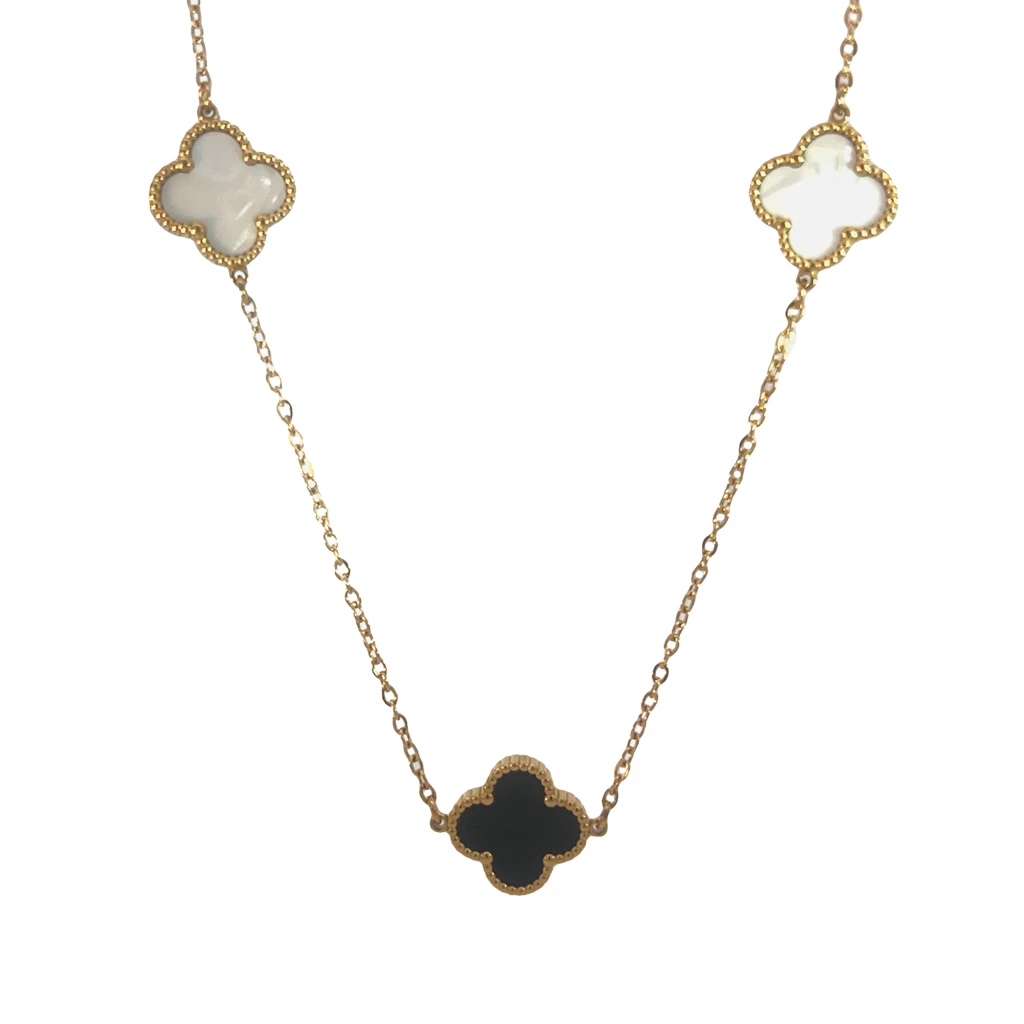 Three Black and White Four Leaf Clover Necklace,18K Gold Plt