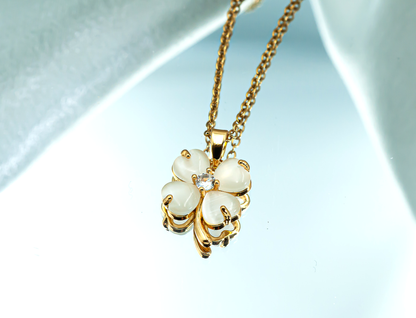 White Four Leaf Clover Pendant Necklace,  Gold Plated